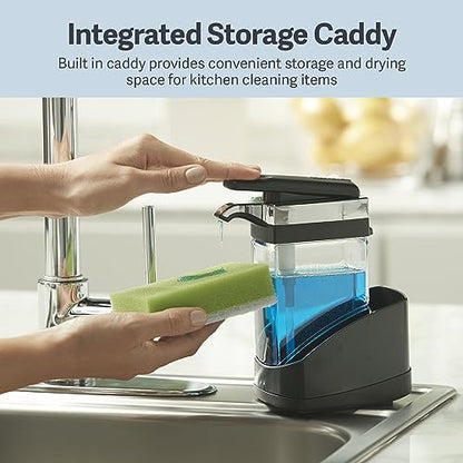 Casabella Sink Sider Solo Kitchen Soap Pump and Sponge Caddy, Black/Chrome - 2-in-1 Soap and Sponge Caddy, One-Hand Soap Dispensing, Ergonomic Design, Easy to Refill and Clean, Efficient Size - color: Black/Chrome