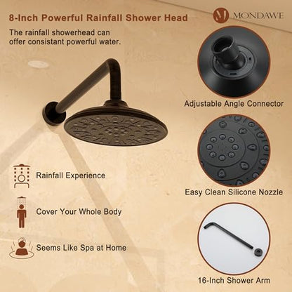 MONDAWE 8 Inch Wall Mounted Shower Faucet Set in Oil Rubbed Bronze, Rainfall Shower Head with 3-Setting Handheld Spray Shower Set Combo, High Pressure Shower System with Solid Brass Valve - color: Oil Rubbed Bronze, style: 8 IN - Without Tub Spout