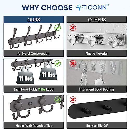 TICONN Wall Mounted Coat Rack, Five Heavy Duty Tri Hooks All Metal Construction for Jacket Coat Hat in Mudroom Entryway (Space Gray, 2-Pack) - color: Space Gray