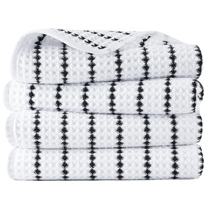 POLYTE 430 GSM Poly Blend Microfiber Quick Dry Waffle Hand Towel, 16x30 in | 4 Pack, Oversize, Lint Free, Quick Dry, Hanging Loop - color: White/Black