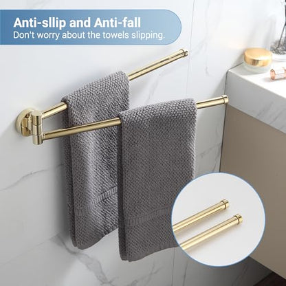BGL Swivel Towel Bar for Bathroom Gold,Swing Out Double Towel Bar 2-Arm Kitchen Wall Mounted Towel Hanger Holder for Bathroom Organizer - color: Gold