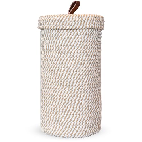 Toilet Paper Holder Handmade – Woven Cotton Toilet Paper Stand & Storage Basket with Lid, Freestanding Organizer for Bathroom, Fits 3 Mega Rolls Gradient Brown 14'' x 7'' - color: Cream Brown