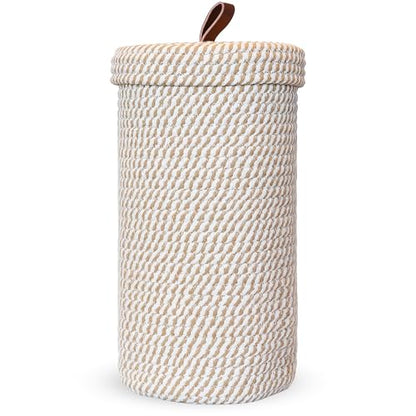 Toilet Paper Holder Handmade – Woven Cotton Toilet Paper Stand & Storage Basket with Lid, Freestanding Organizer for Bathroom, Fits 3 Mega Rolls Gradient Brown 14'' x 7'' - color: Cream Brown