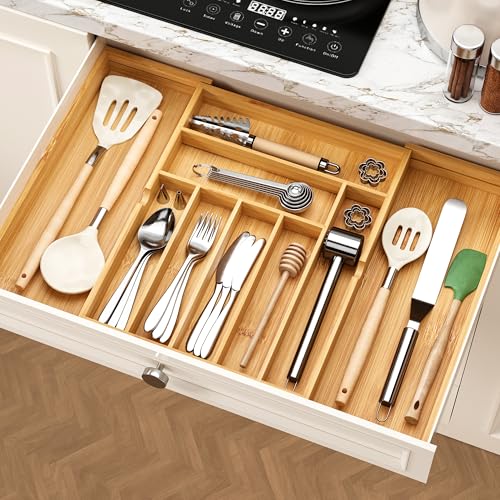 BAMEOS drawer organizer flatware organizer cutlery tray silverware organizer expandable adjustable bamboo drawer organizer kitchen bathroom - size: 2''H 22X16