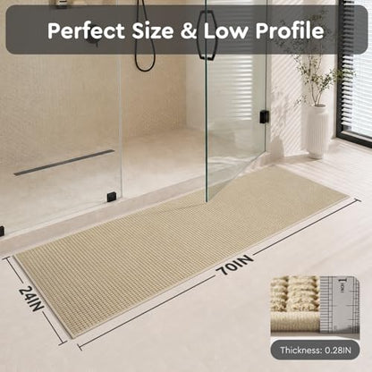 tchdio Bathroom Runner Rug, Absorbent Washable Thin Bath Mat, Non Slip Quick Dry Bath Rugs with Solid Rubber Backing, Low Profile Bath Mat, Beige, 24" x 70" - color: Beige, size: 5'10" x 2' (Rectangular)