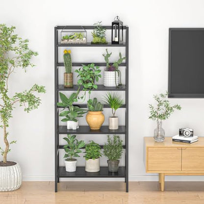 Bamboo Bookshelf 4-Tier Ladder Shelf, 49.2” Freestanding Open Bookcase Book Shelf Bathroom Storage Shelf Unit Plant Stand for Small Space, Living Room, Bedroom, Home Office, Black - color: Black
