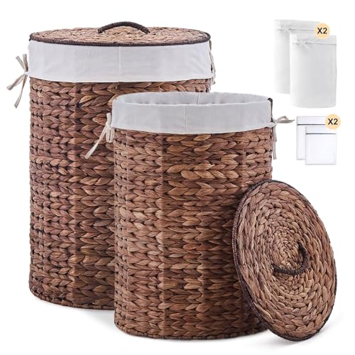 Round Water Hyacinth Laundry Hamper with Lid Handwoven Wicker Basket with Handles for Dirty Clothes, Storage, and Organization Ideal for Bedroom, Bathroom, and Laundry Room, No Assembly Required, 2Pcs - color: Espresso, size: 2P（60L+90L）