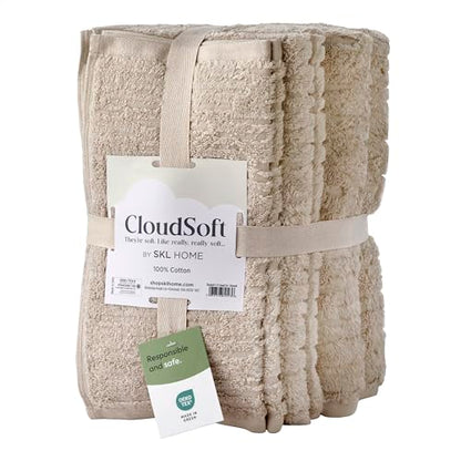 SKL Home CloudSoft 100% Cotton Luxury 6-Piece Towel Set, 600 GSM, Ultra Plush & Absorbent - 2 Bath Towels, 2 Hand Towels, 2 Washcloths, Oatmeal - color: Oatmeal, style: 6-Piece Towel Set
