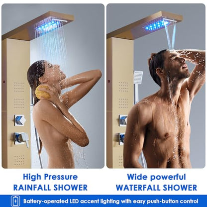 ROVOGO Gold Shower Panel Tower System W/Led Lights & 5 Shower Modes, 46.5" | Rainfall Waterfall Shower Head, 4 Body Massage Jets, Handheld and Tub Spout, Stainless Steel Shower Column with Brass Valves - color: Gold-4 jets