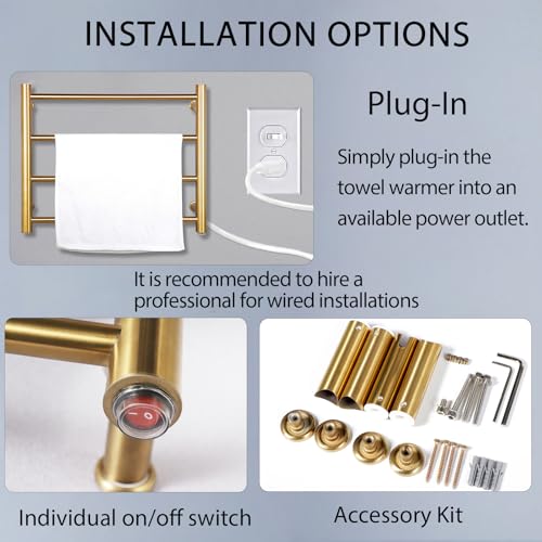 XBVV Gold Heated Towel Rack for Bathroom, Wall Mounted Bath Towel Warmer, Plug-in Electric Towel Rack, 304 Stainless Steel Fast Heating Towel Rack,Keep Bathroom Shower Towels Warm (4-Bar) - color: Gold