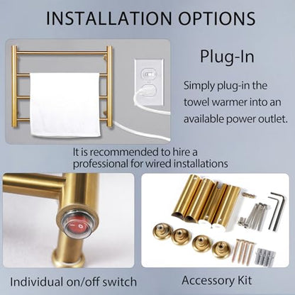 XBVV Gold Heated Towel Rack for Bathroom, Wall Mounted Bath Towel Warmer, Plug-in Electric Towel Rack, 304 Stainless Steel Fast Heating Towel Rack,Keep Bathroom Shower Towels Warm (4-Bar) - color: Gold