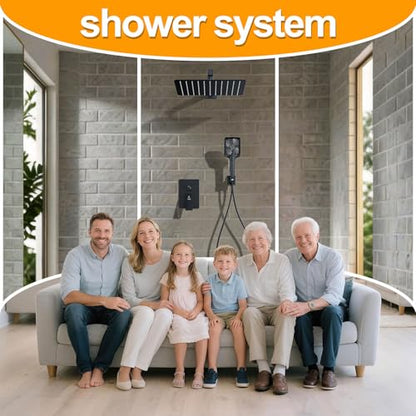 Shower System Modern Rain Brass Faucet Set With Valve and Diverter Shower Mixer With Handheld High Pressure Square Rainfall Shower Valve (12'' Wall Mount, Matte Black) - color: Matte Black, style: 12'' Wall Mount