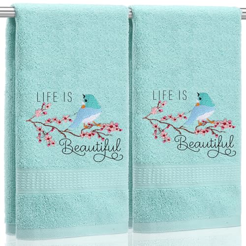 SmoothNovelty 2 Pcs Bird Hand Towels Mint Green Bathroom Decor 14x29 Inch Embroidered 100% Cotton Soft Absorbent Spring Summer Decorative Hand Towels for Bathroom Kitchen - style: Bird