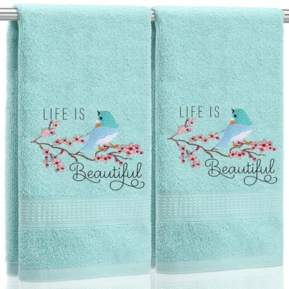 SmoothNovelty 2 Pcs Bird Hand Towels Mint Green Bathroom Decor 14x29 Inch Embroidered 100% Cotton Soft Absorbent Spring Summer Decorative Hand Towels for Bathroom Kitchen - style: Bird