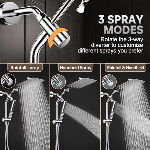 Veken All Metal 10"Luxurious Rain Shower Head with Handheld Spary,Power Jet | Square,Dual High Pressure Showerhead Combo,Double Detachable Shower Heads,Rainfall with Extension Arm,Long Hose,Chrome,Silver - color: Chrome, size: 10 Inch