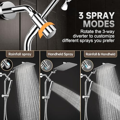 Veken All Metal 10"Luxurious Rain Shower Head with Handheld Spary,Power Jet | Square,Dual High Pressure Showerhead Combo,Double Detachable Shower Heads,Rainfall with Extension Arm,Long Hose,Chrome,Silver - color: Chrome, size: 10 Inch