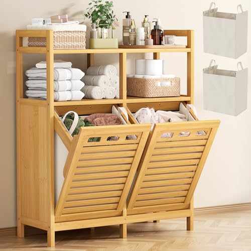 Tilt Out Laundry Hamper Cabinet, Bamboo Double Laundry Hamper with 2 Removable Laundry Baskets, 20 Gal Laundry Sorter Organizer with Shelf for Dirty Clothes, Bathroom, Laundry Room, Natural - color: Natural, size: Large