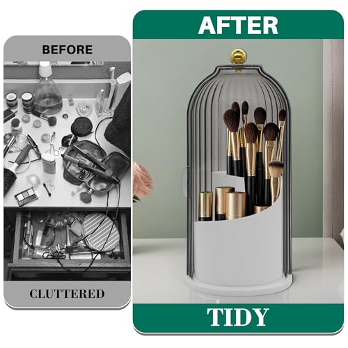 Makeup Brush Holder with Lid Cosmetic Tools Organizer 360 Rotating Waterproof Dustproof Make Up Brushes Storage for Vanity Bathroom Countertop - color: Black