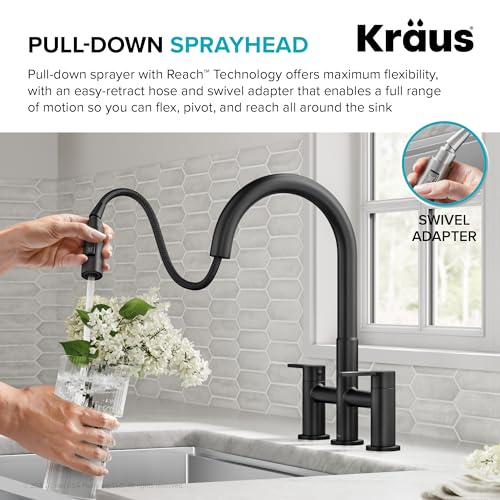 KRAUS Oletto Bridge Kitchen Faucet with Pull-Down Sprayhead in Matte Black, KPF-3122MB - color: Matte Black, style: Bridge Faucet