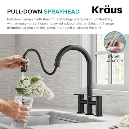KRAUS Oletto Bridge Kitchen Faucet with Pull-Down Sprayhead in Matte Black, KPF-3122MB - color: Matte Black, style: Bridge Faucet