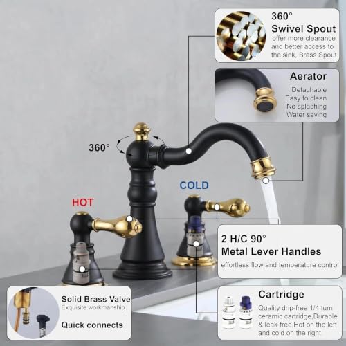 Matte Black with Brass 2-Handle 8 Inch Widespread Bathroom Faucet, 3 Holes | Derengge Traditional Widespread Sink Faucet, With Pop-Up Drain 360° Swivel Stainless Steel Spout, F-8805-MG - color: Matte Black with Polished Brass Trim