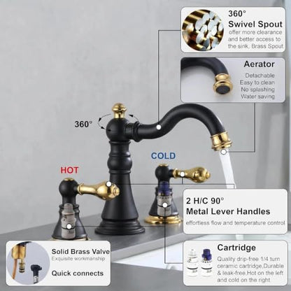 Matte Black with Brass 2-Handle 8 Inch Widespread Bathroom Faucet, 3 Holes | Derengge Traditional Widespread Sink Faucet, With Pop-Up Drain 360° Swivel Stainless Steel Spout, F-8805-MG - color: Matte Black with Polished Brass Trim