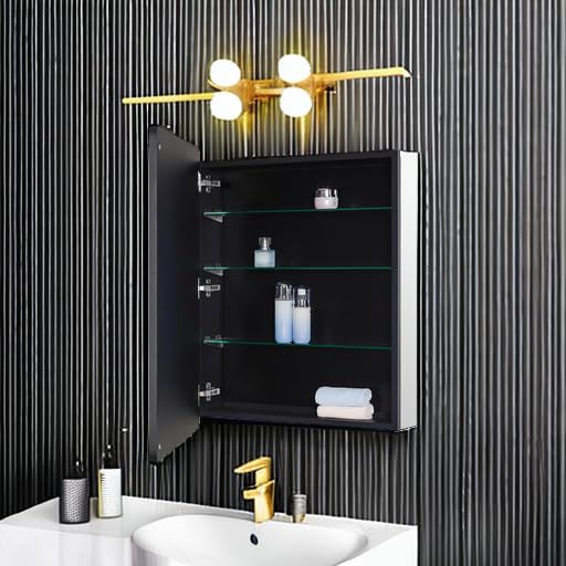 Black Bathroom Mirror Medicine Cabinet with Round Corner Framed Door 24 x 30 inch, Recessed or Surface Mount, with Adjustable Glass Shelves - size: 24 x 30 inch