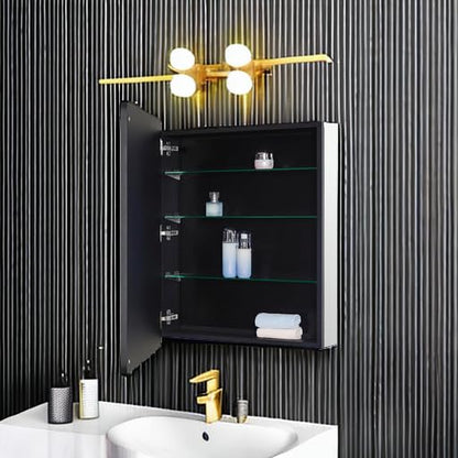 Black Bathroom Mirror Medicine Cabinet with Round Corner Framed Door 24 x 30 inch, Recessed or Surface Mount, with Adjustable Glass Shelves - size: 24 x 30 inch