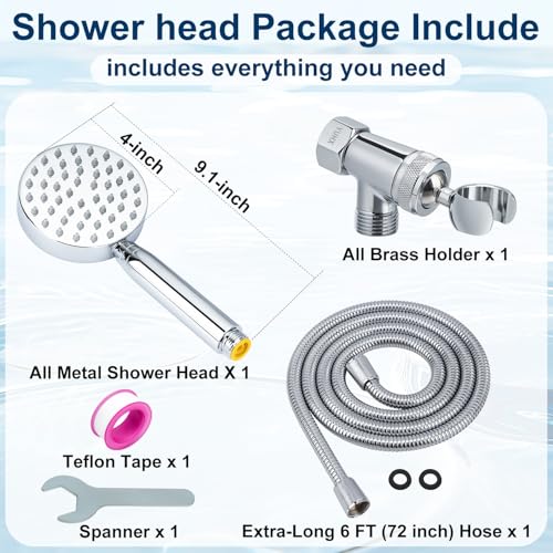 All Metal Shower Head with Handheld; Flexible Long Hose High Pressure Spray | 1 Setting Stainless Steel Shower-Head, Solid Hand Held Showerhead Sprayer Holder with Wide-Angle Adjustment, Premium Chrome - color: Premium Chrome
