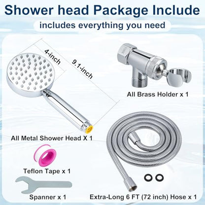 All Metal Shower Head with Handheld; Flexible Long Hose High Pressure Spray | 1 Setting Stainless Steel Shower-Head, Solid Hand Held Showerhead Sprayer Holder with Wide-Angle Adjustment, Premium Chrome - color: Premium Chrome