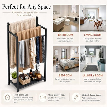 16.9" W Freestanding Towel Rack with Black Wood Shelf | 3 Tier Blanket Ladder Stand for Bathroom Living Room, Metal Frame,31.5"H x 16.9"W x7.9"D - color: Black, size: 31.5"H x 16.9"W x7.9"D