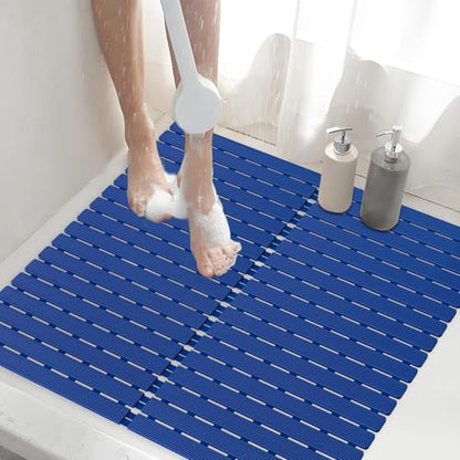 Shower Mat Non-Slip Bath Mat for Tub and Shower Stall,236 Suction Cups with Drain Holes, Quick Dry Machine Washable, Extra Grip for Stand Up Showers, Bathroom Essentials 24x24 Inch (Blue) - color: Blue