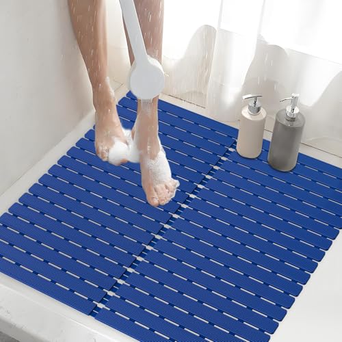 Shower Mat Non-Slip Bath Mat for Tub and Shower Stall,236 Suction Cups with Drain Holes, Quick Dry Machine Washable, Extra Grip for Stand Up Showers, Bathroom Essentials 24x24 Inch (Blue) - color: Blue
