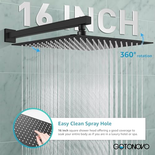 gotonovo Rainfall Bathroom Shower System Rain Shower Head and Handle Set Wall Mounted Shower Complete Combo Solid Brass Pressure Balancing Shower Mixer Valve 16 Inch Matte Black - color: Matte Black, size: 16 Inch