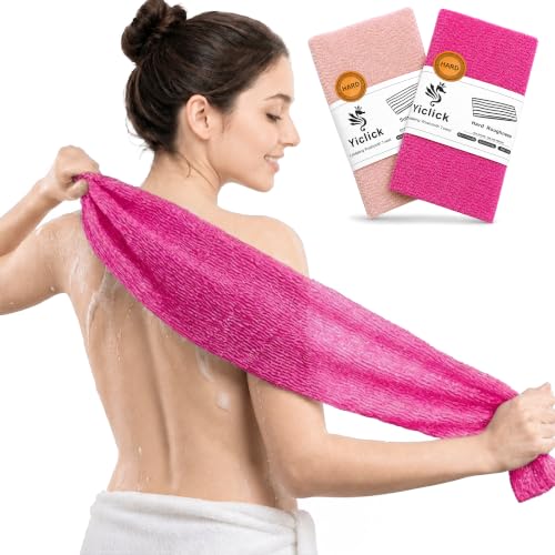 Yiclick Exfoliating Washcloth Towel, Back Scrubber for Shower for Women, Exfoliating Body Scrubber, Loofah Sponge Wash Cloth, Korean Japanese Exfoliating Shower Towel, Exfoliator Washer for Bath - color: Pink+rose Red