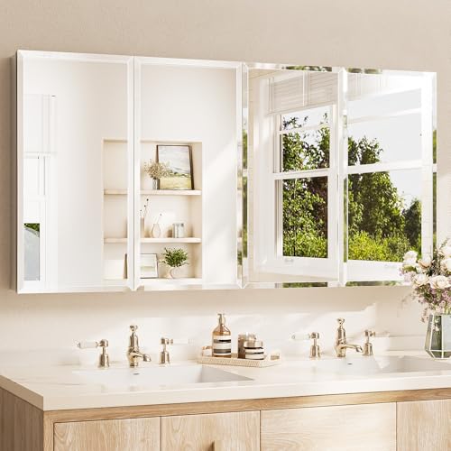TETOTE 64 x 32 Medicine Cabinet with Tempered Beveled Mirror Silver Aluminum Cabinet DTC Hinges, Stepless Adjustable Shelves, Recessed/Surface-Mounted - color: Silver, size: 32"L x 64"W