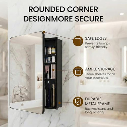 20x30 Black Medicine Cabinet Mirror, Recessed or Surface Mount | Built-in makeup organizer with lipstick slots, Brush holders and inner mirror; 3 adjustable shelves; Rustproof aluminum - size: 20" x 30"