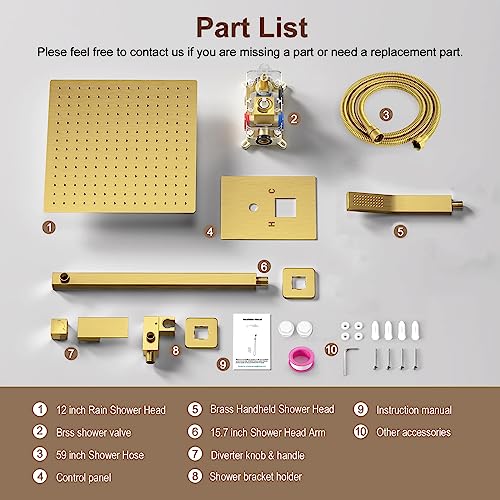 JOMEOO® 12 Inch Brushed Gold Shower System, Wall Mounted High Pressure Rain Shower Head with Handheld Sprayer, Bathroom Luxury Gold Shower Head Shower Faucet Set Rough in Valve Body and Trim - color: Brushed Gold