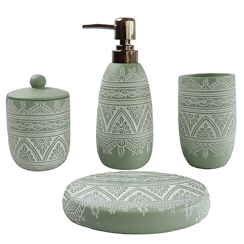 Hymmah Green Bathroom Accessories Set,Farmhouse Bathroom Decor,4 Pcs Resin Gift Set Apartment Necessities, Contain Cotton Swab Jar,Soap Dispenser,Tumbler，Soap Dish/Tray - color: Green