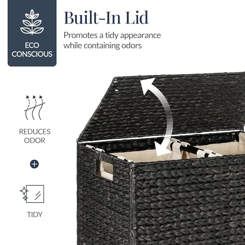 Best Choice Products Large Double Laundry Hamper with Lid, Natural Handwoven Water Hyacinth, 2 Sections w/ 2 Machine Washable Linen Liner Bags, Portable, Handles - Black - color: Black