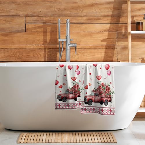 Giwawa Watercolor Valentine Truck Hand Towel Red Rose Flowers Kitchen Towels Love Heart Cotton Towel Set of 2 - color: Valentine Rose Truck-red, size: 28.3" x 14.4"(Pack of 2)