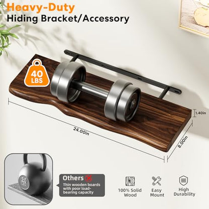 Solid Wood Live Edge Floating Shelves Set of 2 – 24" Rustic Wall Shelf with Hidden Bracket System, Wall Mounted Shelves for Bathroom, Kitchen, Living Room, Bedroom (Walnut) - color: Walnut, size: 24inch