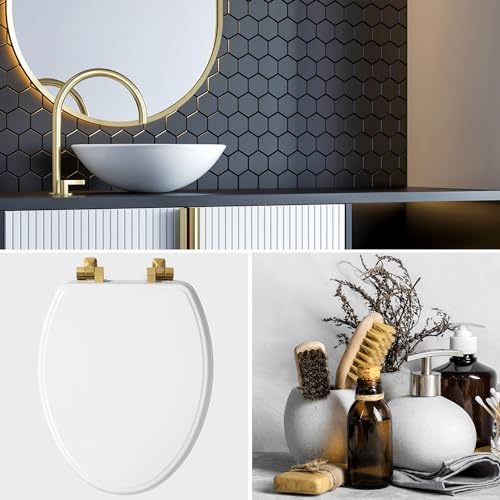 Mayfair Bennett Toilet Seat with Brushed Gold Hinges, Slow Close Wood Seat, Secure Metal Hinges, Easy Install, Made in USA, Round, White - color: Gold, size: Round