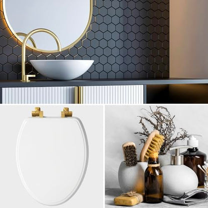 Mayfair Bennett Toilet Seat with Brushed Gold Hinges, Slow Close Wood Seat, Secure Metal Hinges, Easy Install, Made in USA, Round, White - color: Gold, size: Round