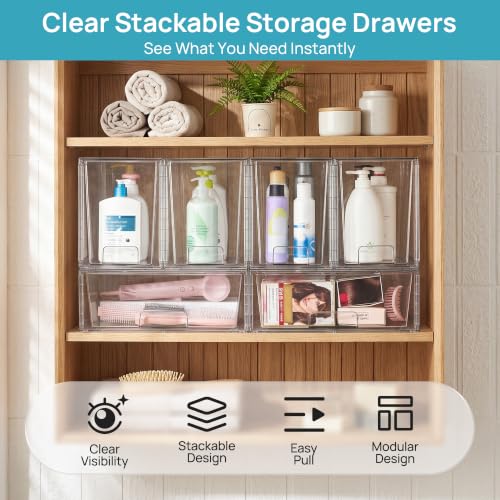 Vtopmart Clear Stackable Storage Drawers, 6 Pack Wide Tall Set | Wide and Tall Pull-Out PET Drawers with Stackable Design for Maximizing Space in Cabinets, Closets, Pantry - style: 2 Wide+4 Large