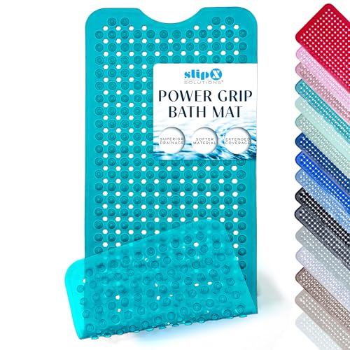SlipX Solutions 39"x16" Power Grip Non Slip Bathtub Shower Mat, Aqua | Stronger Wet Surface Protection, Soft Under Foot, 265+ Suction Cups, Large Drainage Holes - color: Clear Aqua