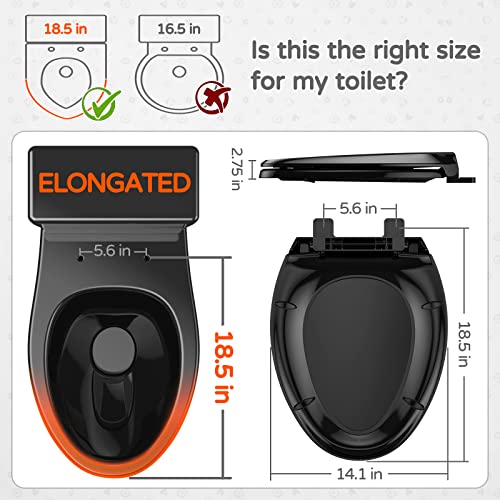 YASFEL Standard Universal elongated Toilet Seat,Soft Close,Ergonomic Toilet Bowl Seat,Fits for Standard elongated with Thickened Plastic Lid (18.5'', Black) - size: 18.5" Elongated
