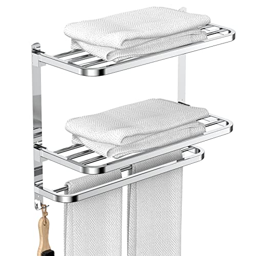 CAXIMSY 22.8Inch Towel Rack for Bathroom and Lavatory Towel Hanger with Wall Mount Towel Bars 304 Stainless Steel No Drill (Collapsible Towel Rack) - color: Collapsible Towel Rack With Double Shelves