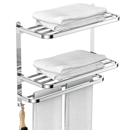 CAXIMSY 22.8Inch Towel Rack for Bathroom and Lavatory Towel Hanger with Wall Mount Towel Bars 304 Stainless Steel No Drill (Collapsible Towel Rack) - color: Collapsible Towel Rack With Double Shelves