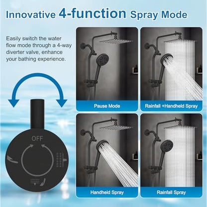 Metal 12" Rain Showerhead with 10-Spray Handheld, Easy Reach 4-way Diverter | Oil Rubbed Bronze Finish, NSF/ANSI/CAN 372 Certified, High Pressure Shower Head with Pause Mode, 71" Hose/12" Extension Arm - color: Oil Rubbed Bronze, style: Square 12"
